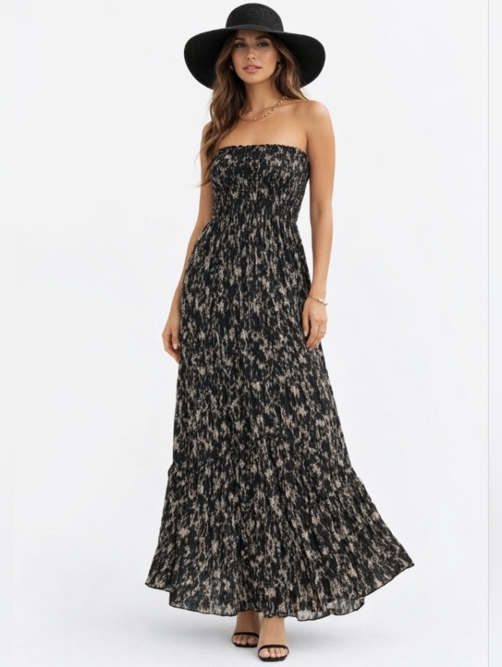 Smocked Strapless Maxi Empire Sun Dress in Black and Cream Medium